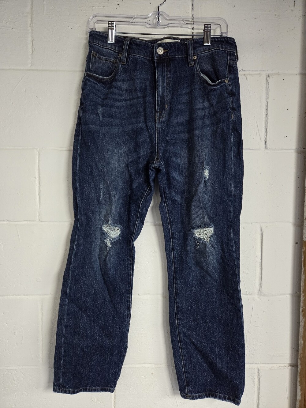 Women's Straight-Leg Distressed Dark Blue Jeans